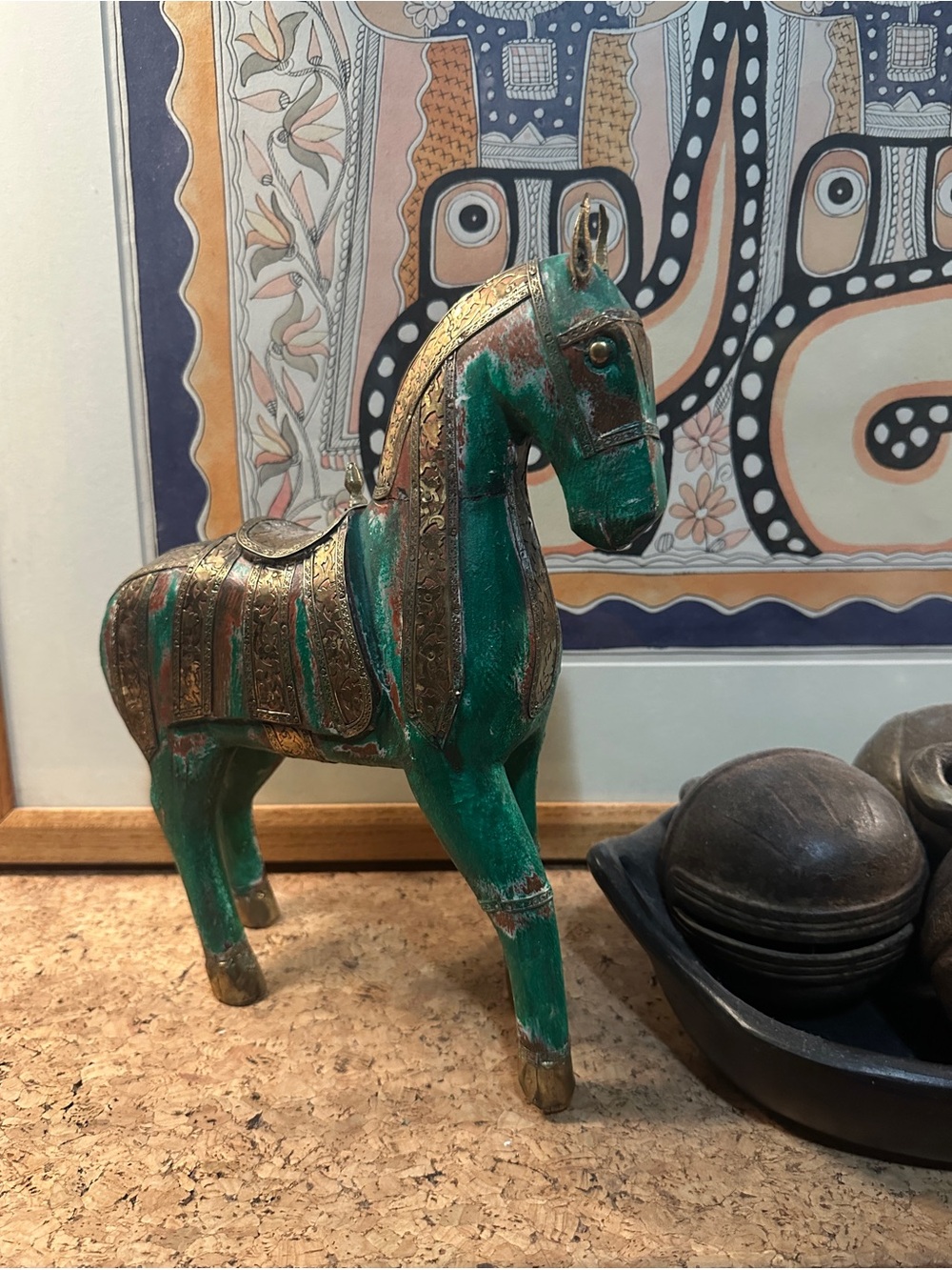 Vintage Indian Rajasthan Marwari green Horse Carved Wood Inlay Brass